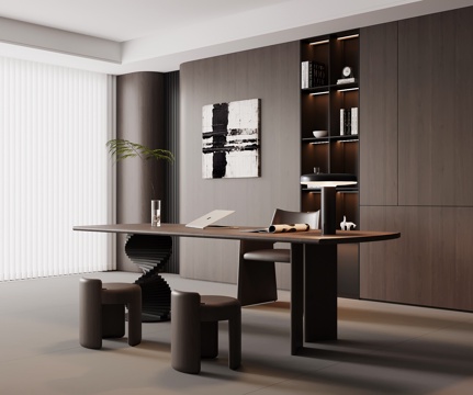 现代意式书房 书桌椅 书柜su模型