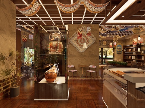 侘寂风餐厅 餐桌椅组合 吧台前台 吊灯su模型