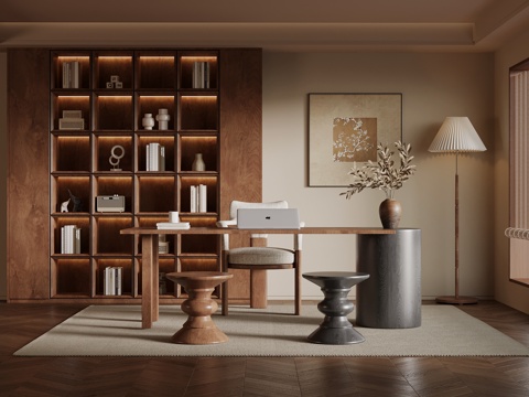 现代中古风书房 书桌椅 书柜 落地灯su模型
