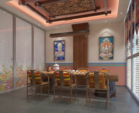 中式茶室 藏式民族风茶室 茶桌椅组合su模型