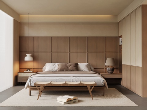 中古风卧室 侘寂风卧室 双人床 衣柜su模型