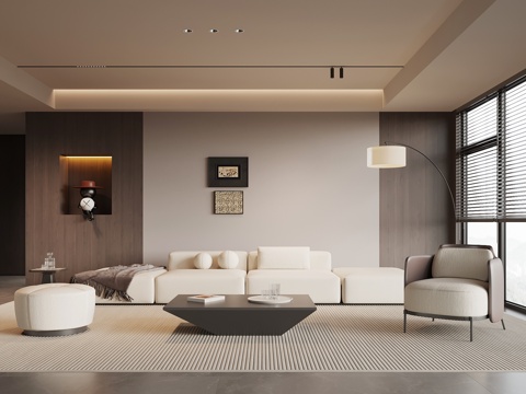 现代意式家居客厅 沙发茶几组合 背景墙su模型