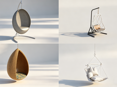 网红悬挂休闲椅 蛋形吊椅 镂空吊椅 藤编吊篮 布艺秋千 民宿su模型