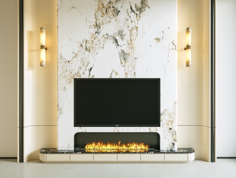 轻奢电视背景墙 石材背景墙 壁炉电视背景墙 壁炉 意式背景墙su模型