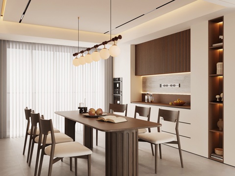 现代中古餐厅 餐桌椅 餐边柜su模型