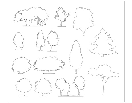 树形剪影 林木轮廓 树影侧影 乔木剪影 林树轮廓cad施工图