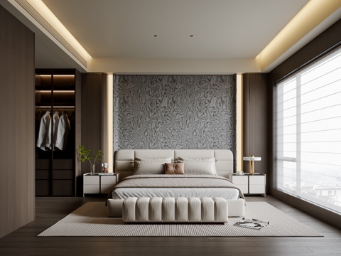 意式轻奢卧室 布艺双人床 床头柜 地毯su模型