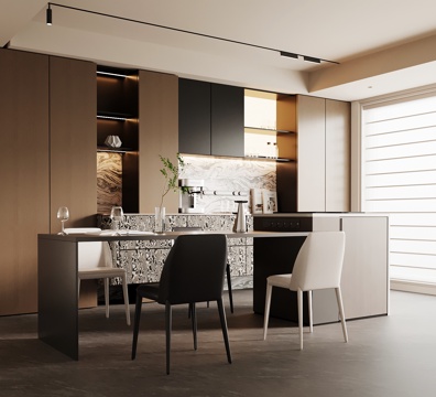 现代意式餐厅 餐桌椅 餐边柜su模型