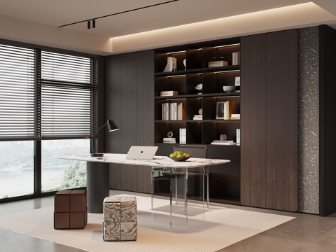 现代意式书房 书桌椅 书柜su模型