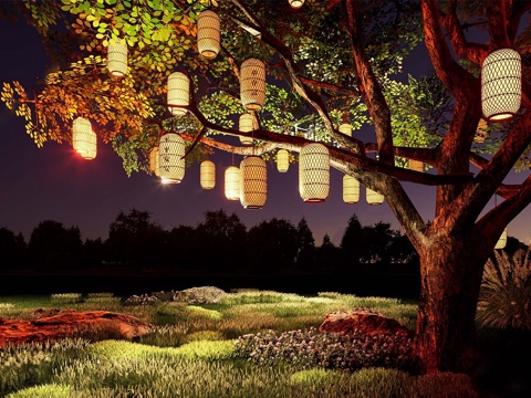 中式古树祈福树 红灯笼su模型