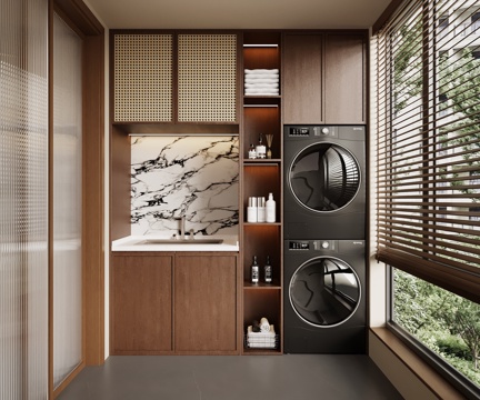 中古风家居阳台 洗衣机柜 阳台柜su模型