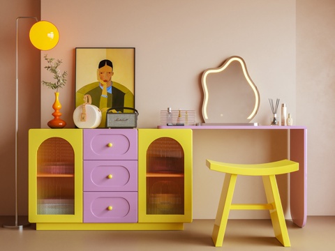 梳妆台 化妆柜 书桌 储物柜 多巴胺 摆件 装饰画 化3d模型
