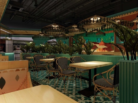 东南亚风格餐厅 餐桌椅 吊灯su模型