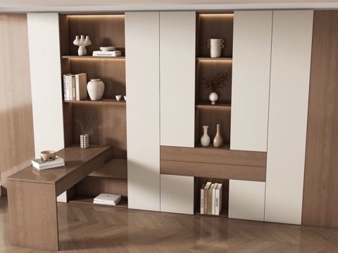 现代书房 定制书柜 储物柜 书桌书柜组合su模型