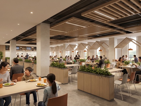 现代食堂_卡座_餐桌椅_绿植_卡座_休闲桌椅_吊灯su模型