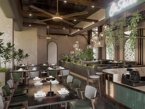 侘寂茶餐厅 中餐厅 网红餐厅 餐桌椅组合 前台吧台su模型