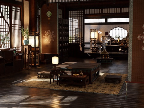 中式中古影视 唐代官员房间 古代房间 中式房间 明清家具su模型