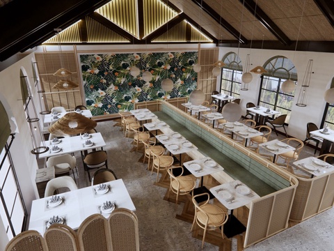 现代风格酒店餐厅 卡座 餐桌椅 自助餐厅su模型