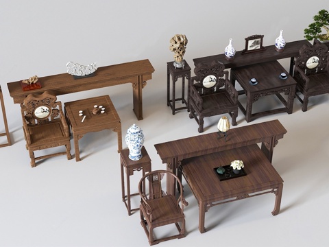 中式茶桌椅 中式中堂桌椅 椅子凳子su模型
