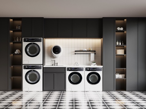 法式洗衣房 洗衣机柜su模型