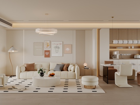 奶油风客餐厅 沙发茶几 餐桌椅 酒柜 吊灯 挂画 地毯su模型