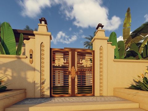 东南亚风格景观大门庭院入户门口别墅花园门精致入户院门庭院门su模型