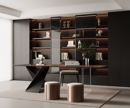 现代意式书房 书桌椅 书柜su模型