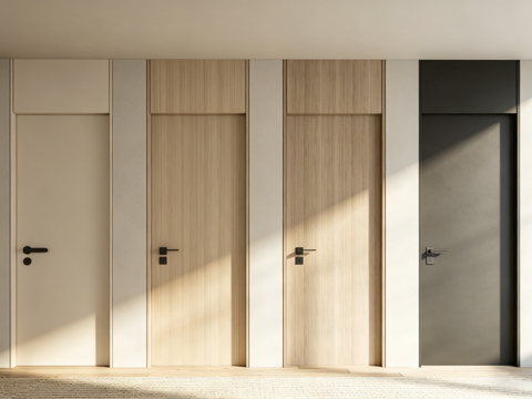 现代简约室内门 米白平板 原木 深灰色 多拉手 隐形门 隔断su模型