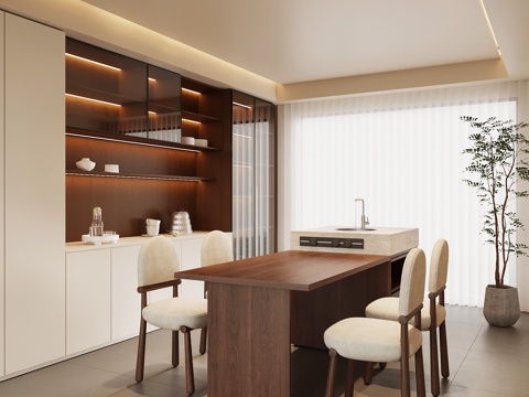 现代中古餐厅 餐桌椅 餐边柜 中古风岛台su模型