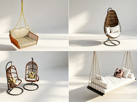 网红悬挂休闲椅 蛋形吊篮 藤编椅 秋千床 方框椅 吊椅模型su模型