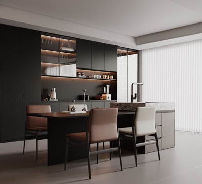 现代意式餐厅 餐桌椅 餐边柜su模型