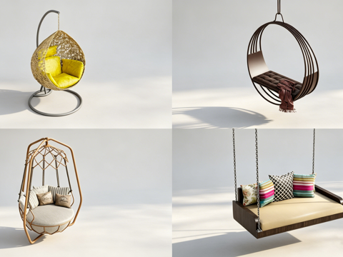 创意悬挂吊椅秋千 藤编蛋形 金属圆框 几何框架 木质平板 创su模型