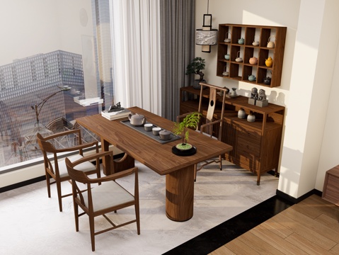 新中式茶桌椅组合 实木茶桌 阳台茶桌椅 装饰茶水柜su模型