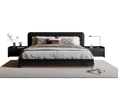 现代意式双人床 皮质双人床 床头柜 地毯su模型