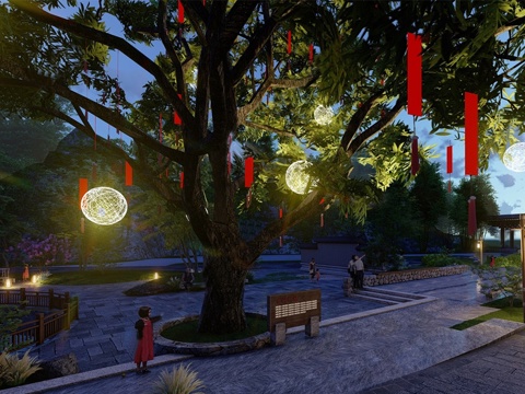 现代乡村许愿树广场景观 古树景观su模型