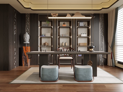 新中式茶室 书房 书桌椅 茶桌椅su模型