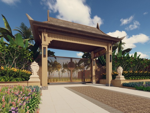 东南亚风格景观大门庭院入户门口别墅花园门精致入户院门庭院门su模型