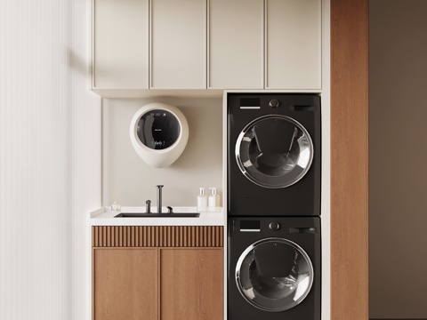 中古风家居阳台 洗衣机柜 阳台柜su模型