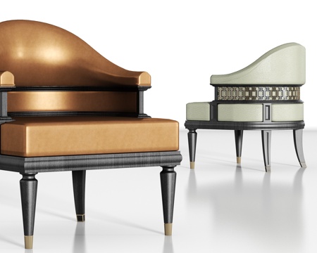 新中式实木皮革单椅组合3d模型