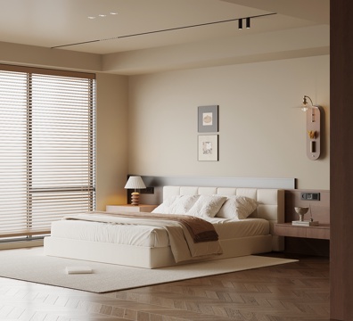 中古风卧室 双人床 背景墙 床头柜 装饰画su模型