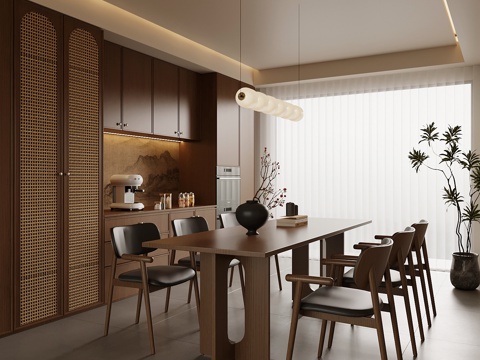 新中式餐厅 餐桌椅 餐边柜su模型