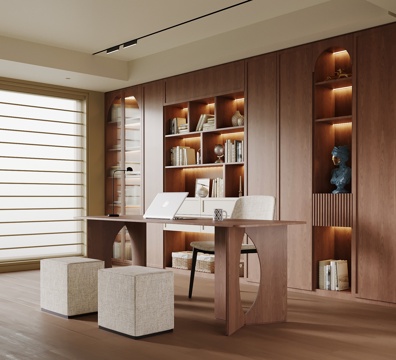 现代中古风书房 书柜 书桌椅su模型