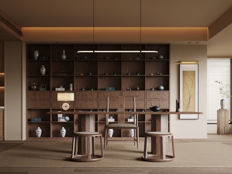 新中式茶室 实木茶桌椅 茶柜su模型