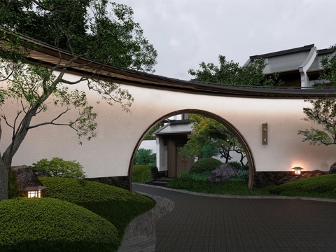 新中式景墙围墙 月洞门月亮门 庭院景墙su模型