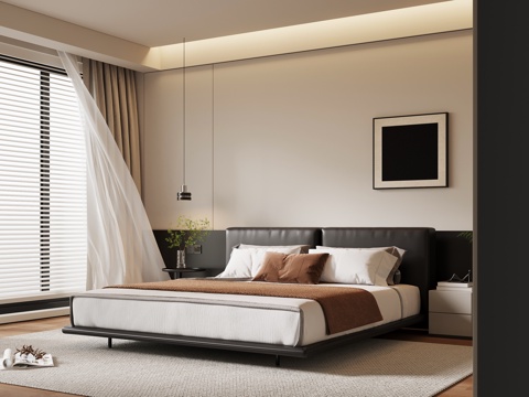 现代意式卧室 双人床su模型