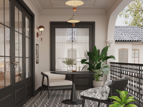 法式中古风阳台 休闲桌椅su模型