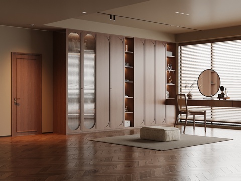 现代中古风衣帽间 衣柜 梳妆台su模型