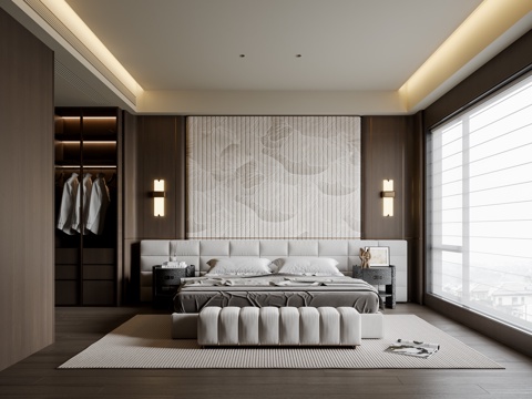 现代意式卧室 布艺双人床 床头柜 壁灯 地毯3d模型