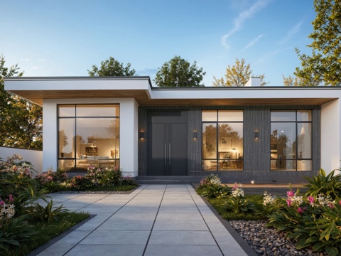 现代一层独栋别墅 自建房 建筑立面su模型