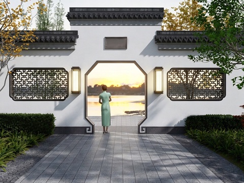 新中式月洞门景观su模型